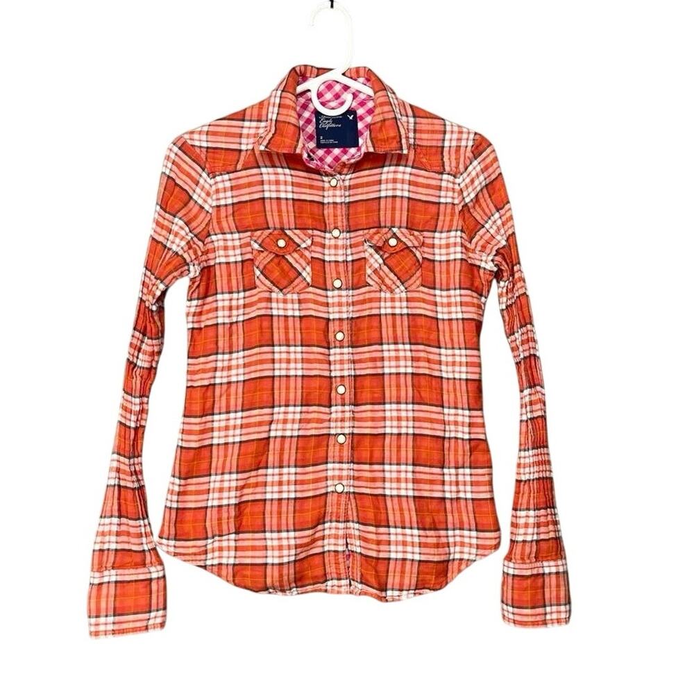 American Eagle Button Up Shirt Womens Orange Long Sleeve Flannel Sz 2 Cotton Y2K